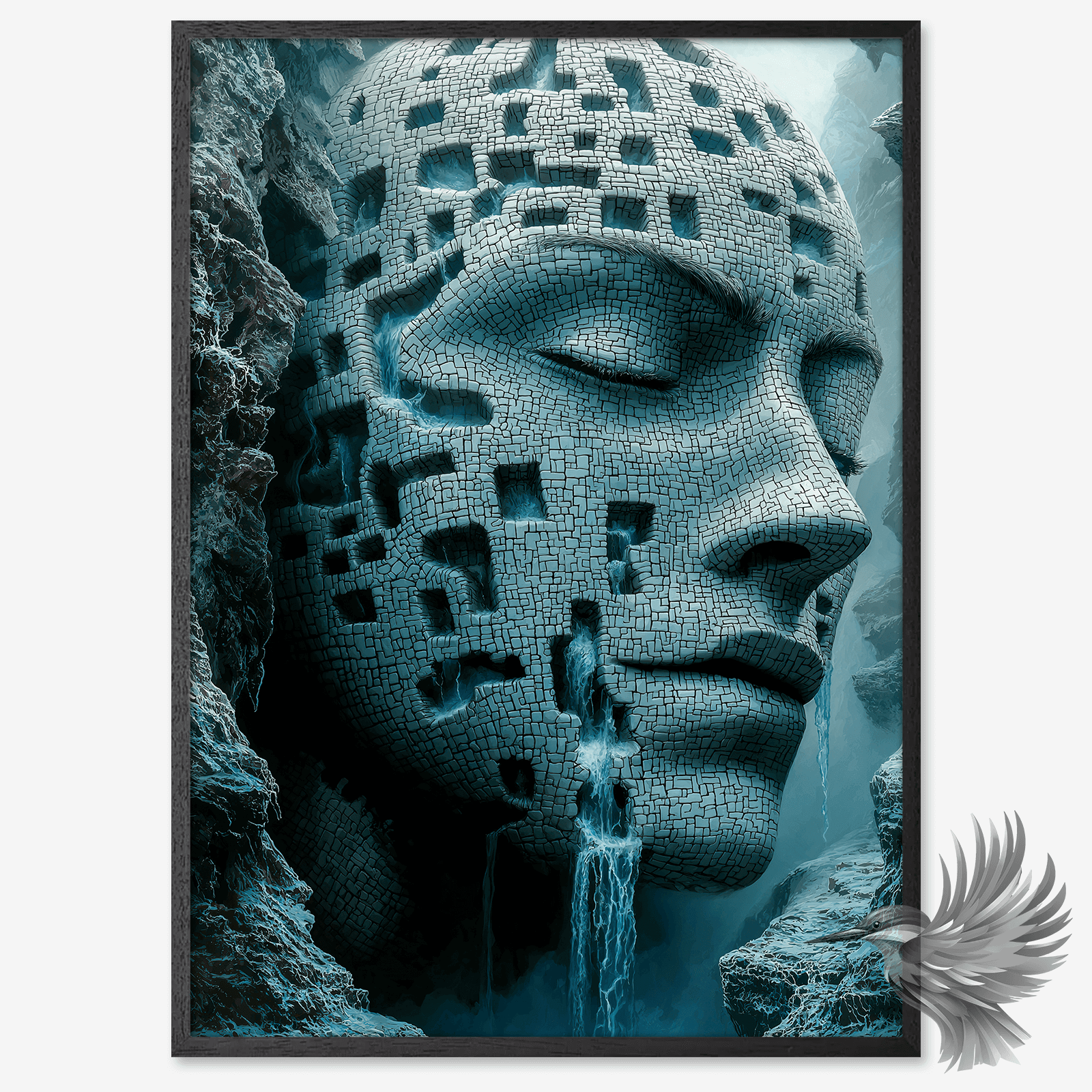 Et kæmpe, forstenet ansigt med huller, der er genindtaget af naturen. Små vandløb og vandfald flyder gennem stenene og skaber en perfekt balance mellem det rå og det naturlige