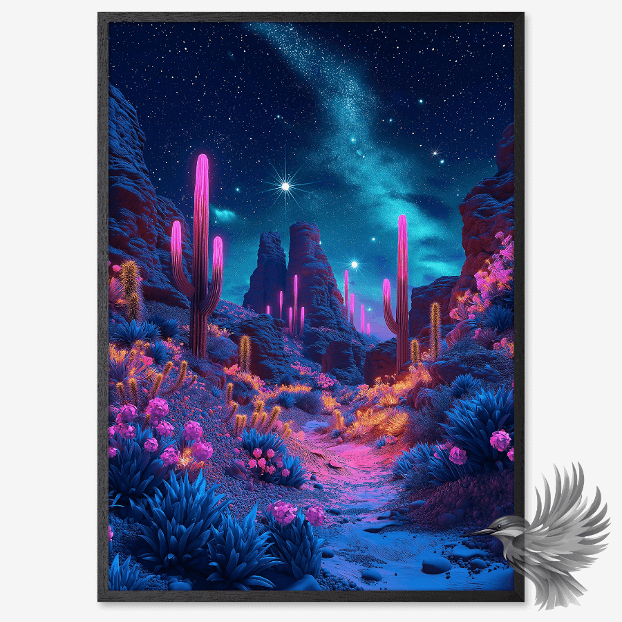 Neon ørken plakat stjernehimmel med glødende kaktusser og stjerner i neonfarver.