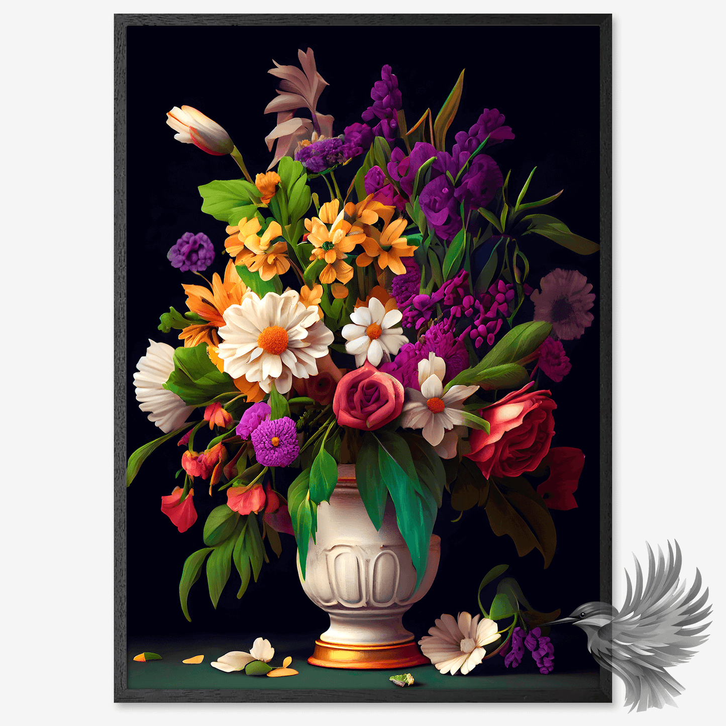 Farverig blomster plakat med farverige blomster i en vase mod sort baggrund for elegant vægdekoration.