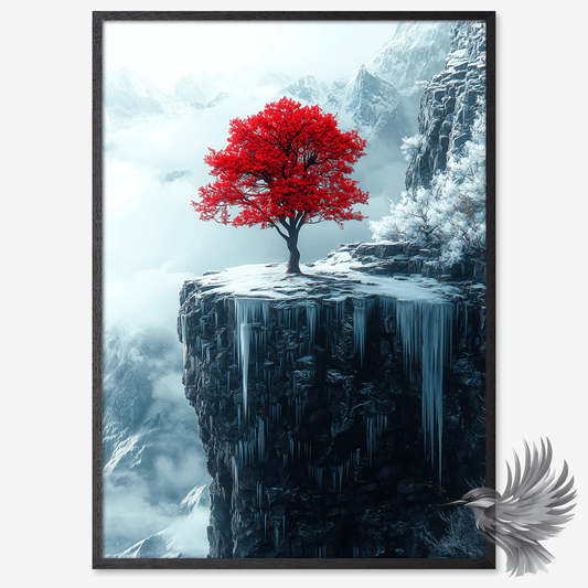 Rødt træ plakat klippetop - ensomt rødt træ på klippe med sneklædte bjerge i baggrunden.
