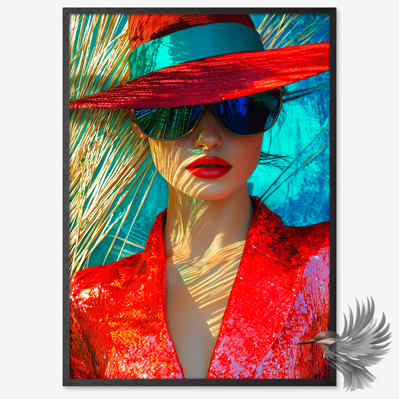 Kvinde i rødt kunstplakat - en sofistikeret kvinde i rød jakke og bredskygget hat, emmer af mystik og elegance.