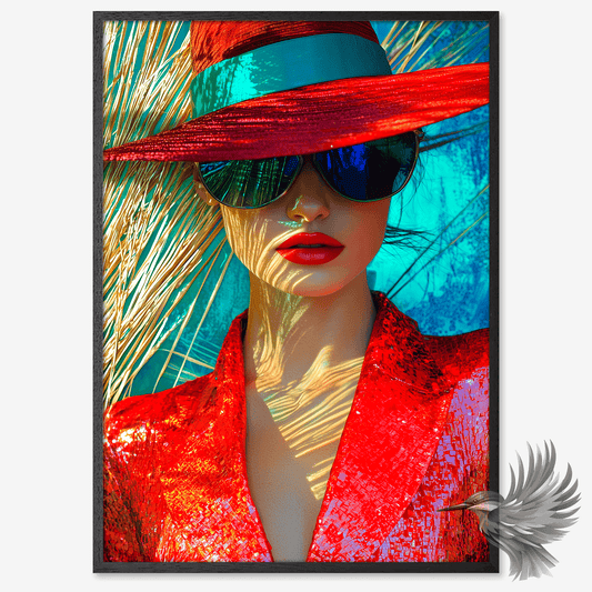 Kvinde i rødt kunstplakat - en sofistikeret kvinde i rød jakke og bredskygget hat, emmer af mystik og elegance.
