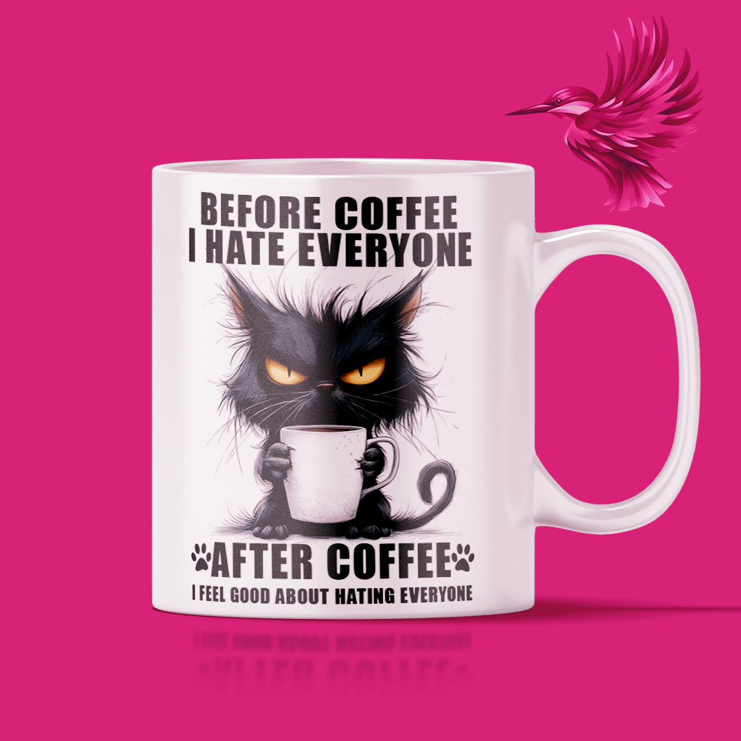 Before Coffee I Hate Everyone - Krus med navn featuring a charming black cat holding a coffee mug.