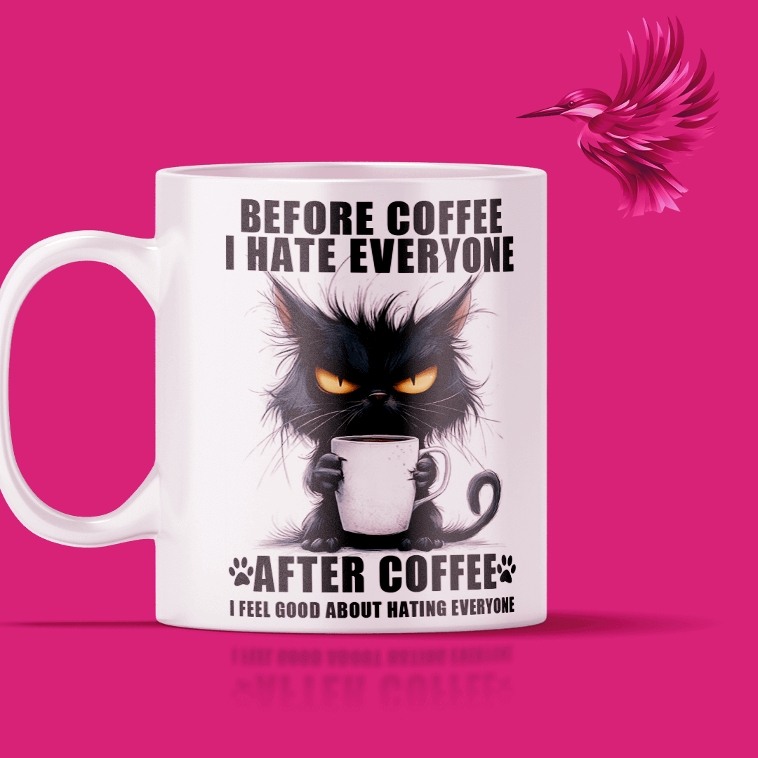 Before Coffee I Hate Everyone - Krus med navn with a charming black cat design and humorous text for coffee lovers.