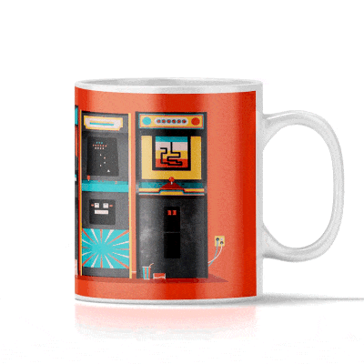 80'ernes arcade krus med retro arkademaskiner i neonlys og pixel kunst.