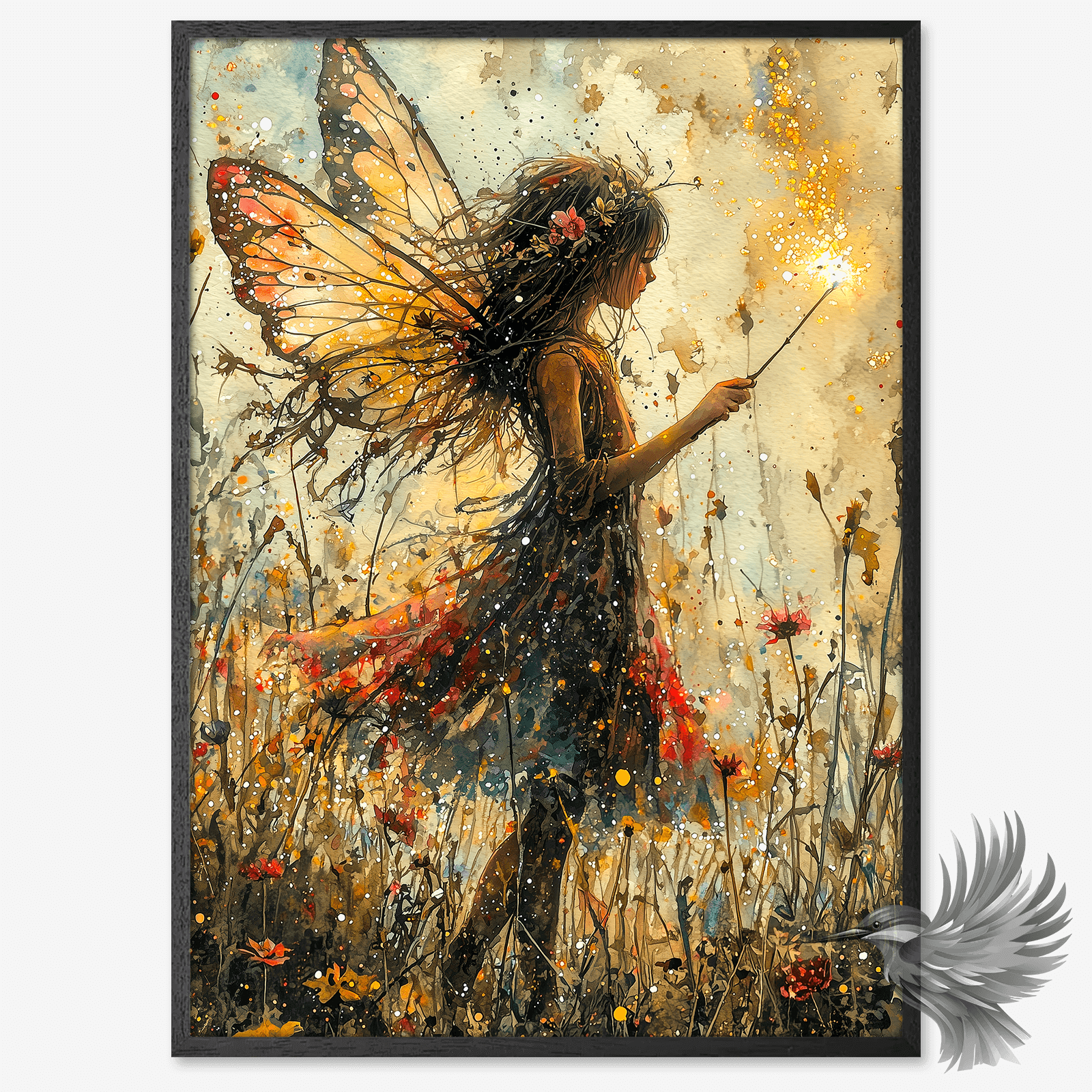 Magical fairy poster summer featuring a girl with wings and a wand in a bright floral field.