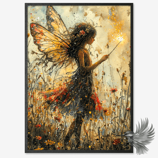 Magical fairy poster summer featuring a girl with wings and a wand in a bright floral field.