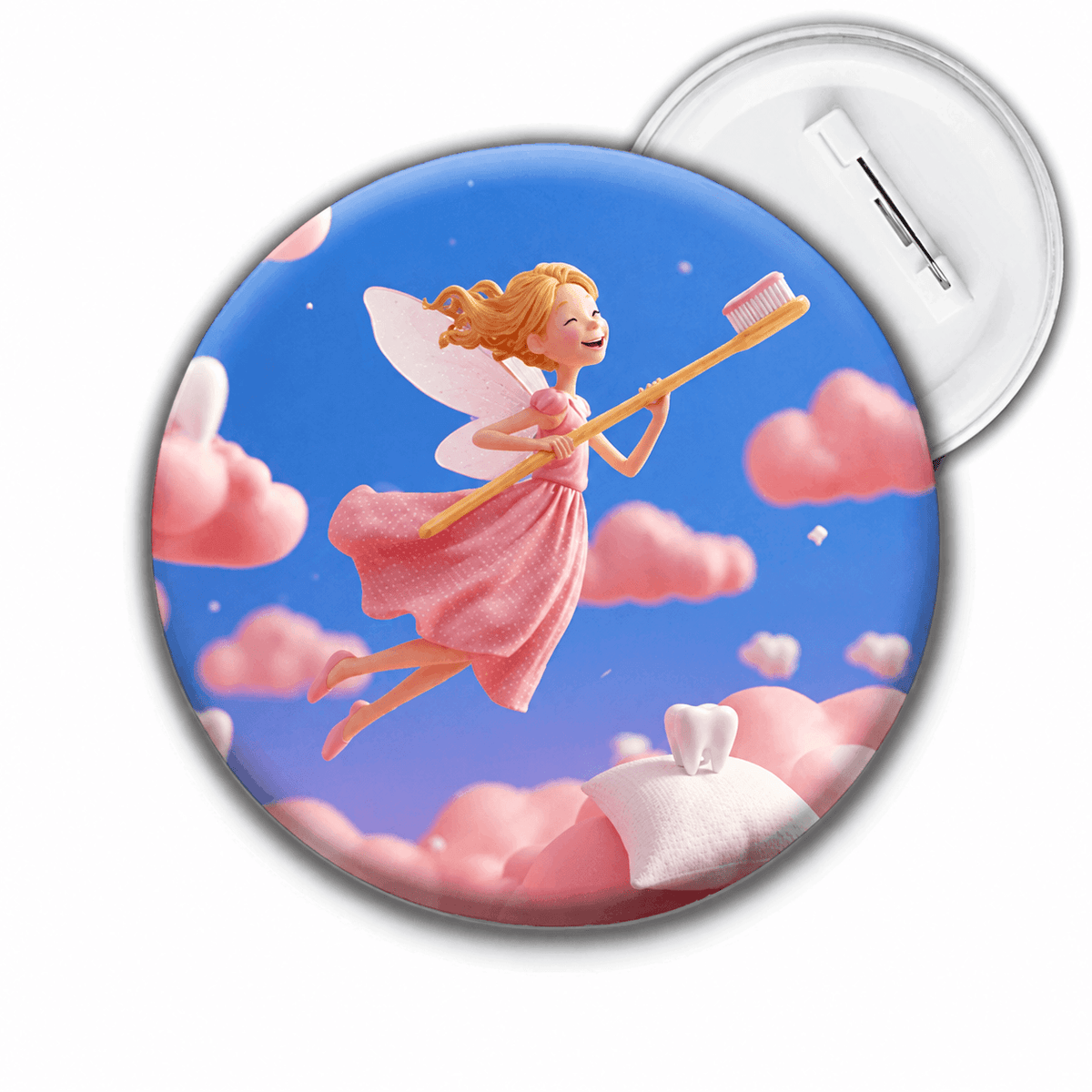 Tandfe badge med lyserød fe, tandbørste og blå himmel
