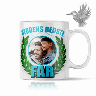 Verdens bedste FAR krus med grøn laurbærkrans, tekst og plads til personligt foto – perfekt gave til fars dag.