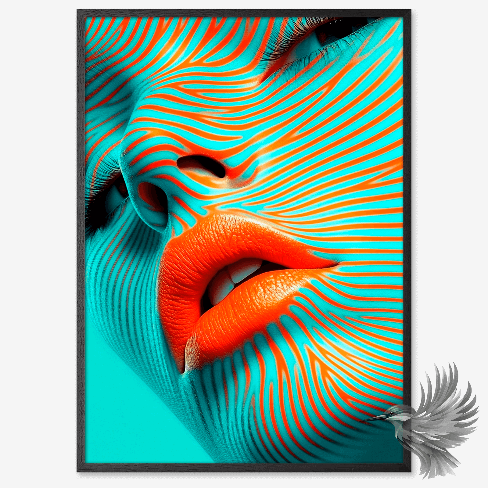 Farverig abstrakt portrætkunst plakat med hypnotiske farver og striber skaber en moderne kunstnerisk stemning.