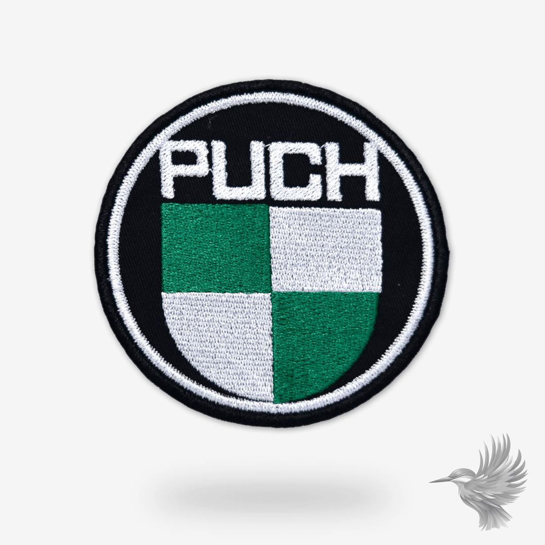Puch-logo som broderet patch fra Broderibixen