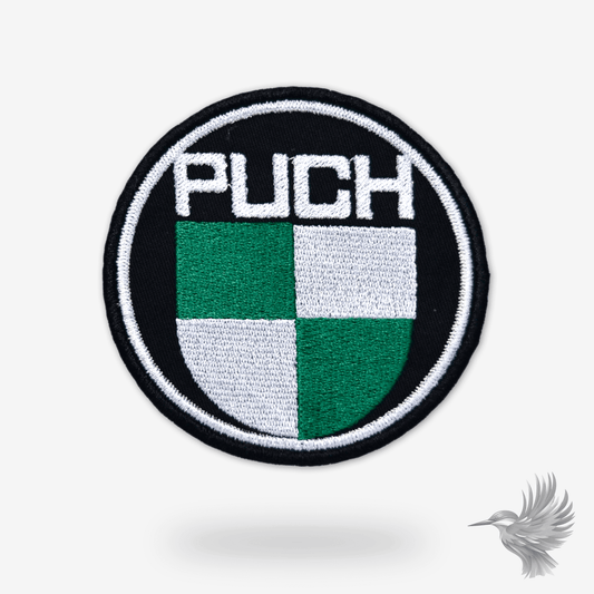 Puch-logo som broderet patch fra Broderibixen