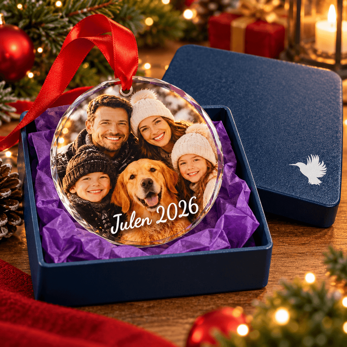 Juleophæng i krystal med eget foto og tekst, julegave med familie og hund, Julen, indpakket i gaveæske.