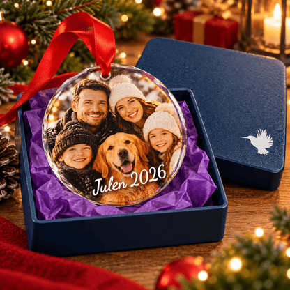 Juleophæng i krystal med eget foto og tekst, julegave med familie og hund, Julen, indpakket i gaveæske.