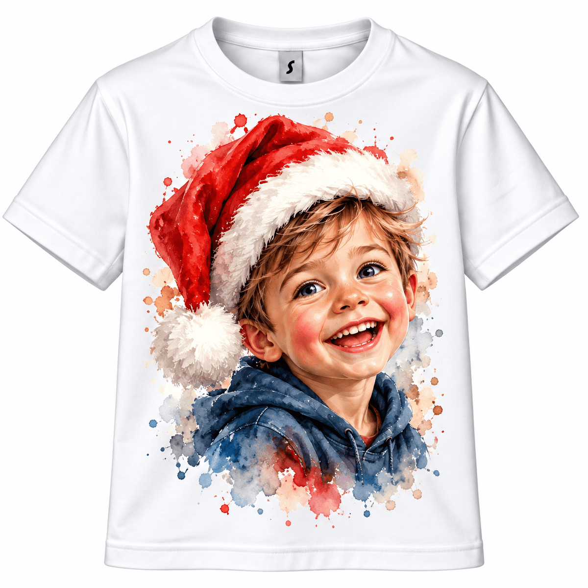Personlig børne T shirt med eget foto og AI filter med et smilende barn i julehat