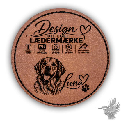 Personligt mærke i PU-læder rundt - lasergravering med hundemotiv og mulighed for personligt design.