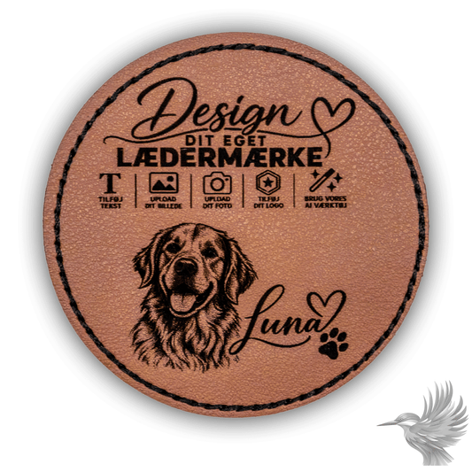 Personligt mærke i PU-læder rundt - lasergravering med hundemotiv og mulighed for personligt design.