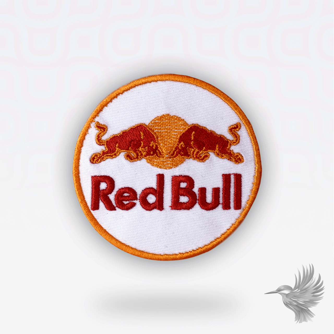 Red Bull strygemærke – rundt broderet patch med logo, sport og streetwear design til hoodies, caps