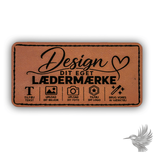 Personligt mærke i PU-læder rektangel - lasergravering med design og tilpasningsmuligheder.