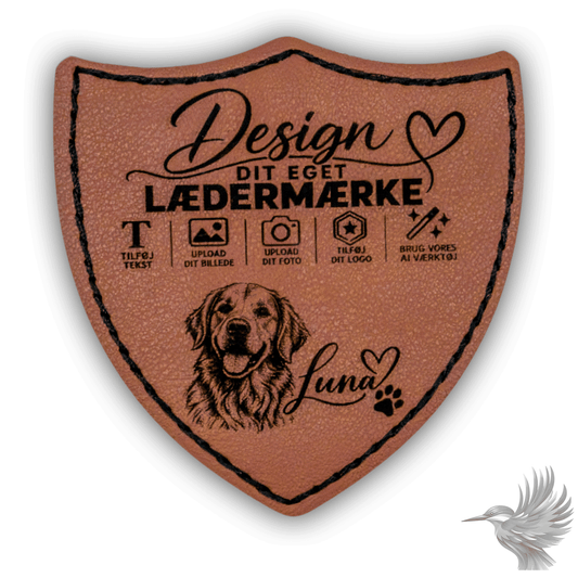 Personligt mærke i PU-læder skjold - lasergravering med hundedesign og brugerindstillinger.