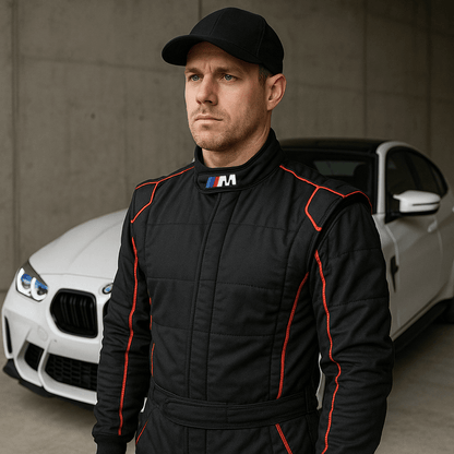 BMW M patch strygemærke displayed on racing suit with red and blue accents, driver stands confidently next to BMW M car.