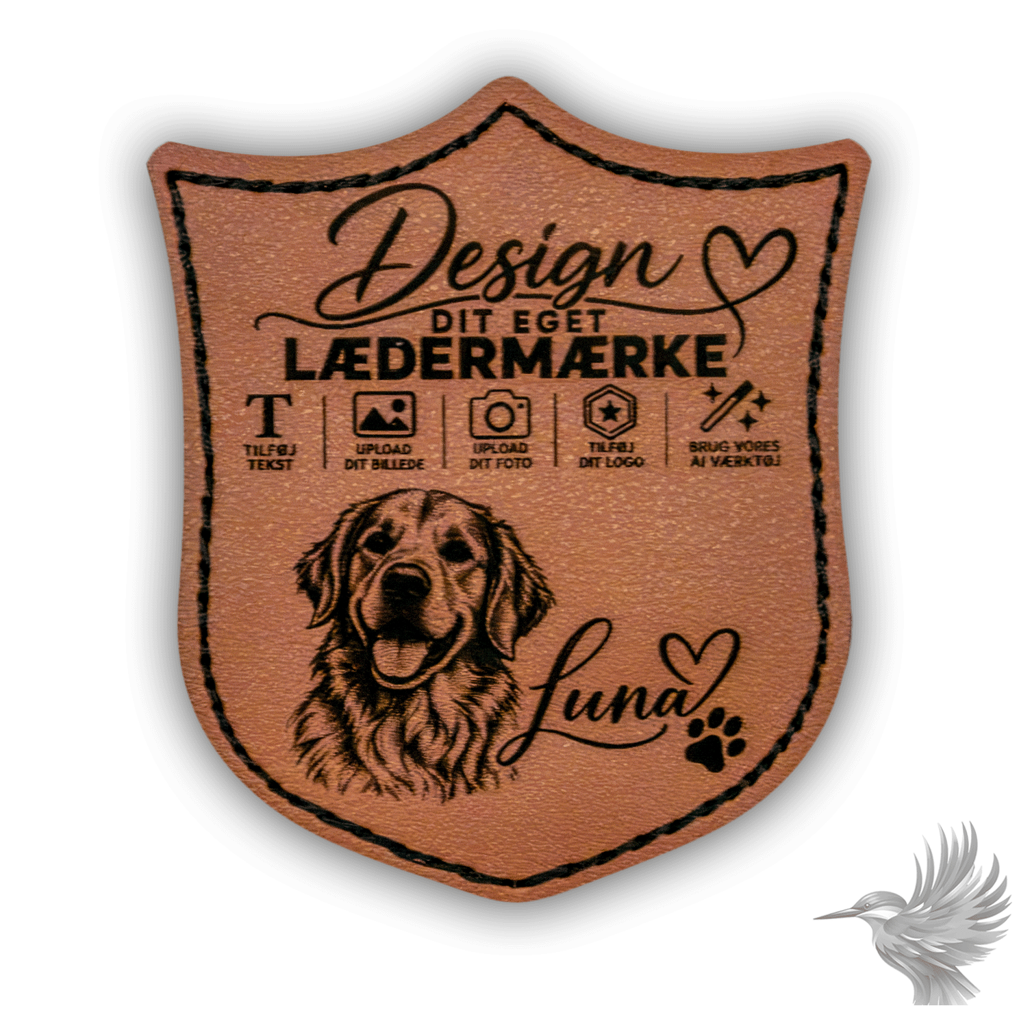 Personligt mærke i PU-læder klassisk skjold - lasergravering med hundeillustration og tilpassede tekstmuligheder.