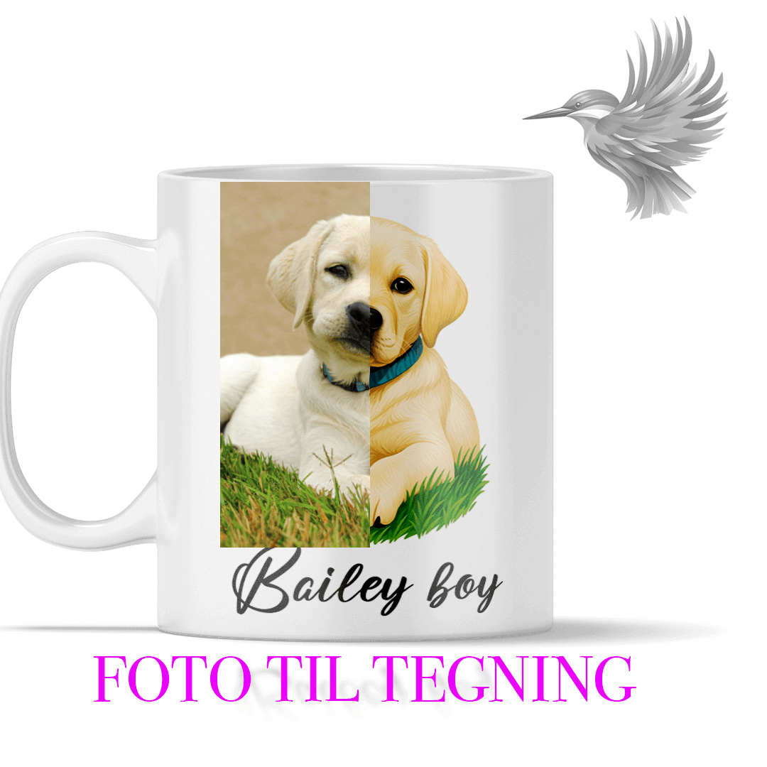 Personligt hunde krus med tegning med billede af hund og navn 'Bailey boy' trykt på mug.