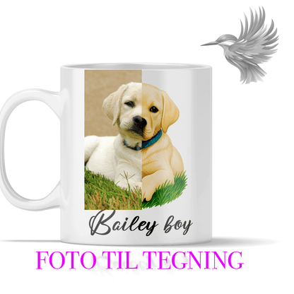 Personligt hunde krus med tegning med billede af hund og navn 'Bailey boy' trykt på mug.