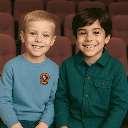 Two young boys smiling together, one wearing a Kenny South Park patch strygemærke on their shirt.