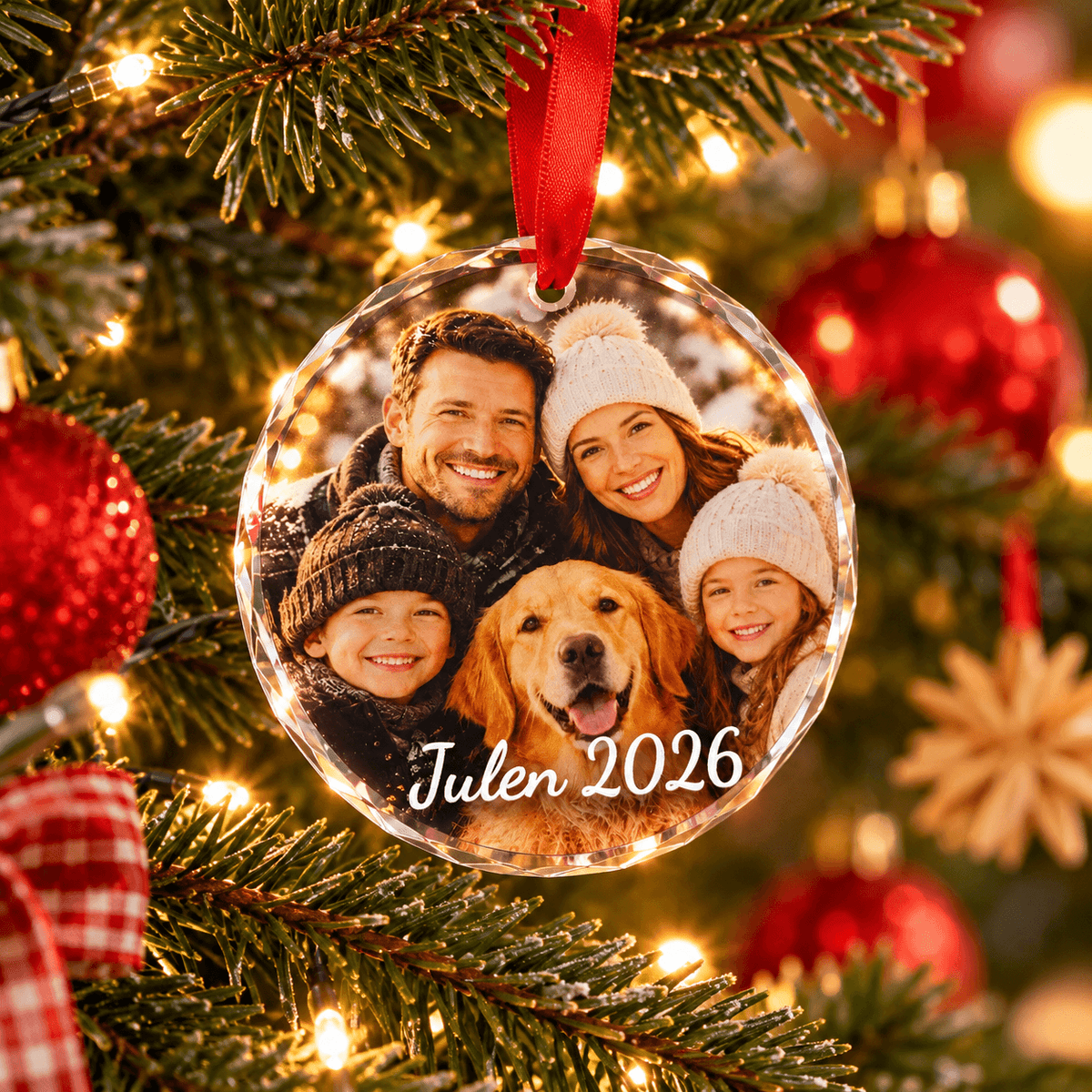 Juleophæng i krystal med eget foto og tekst med familie og hund, Julen, hængende på juletræ