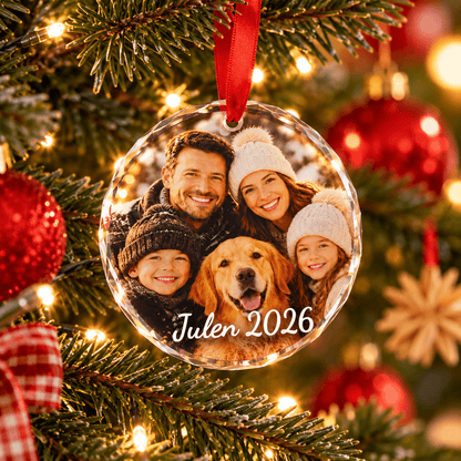 Juleophæng i krystal med eget foto og tekst med familie og hund, Julen, hængende på juletræ
