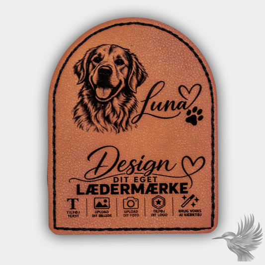 Personligt mærke i PU-læder buet - lasergravering med hundeillustration og tekst.