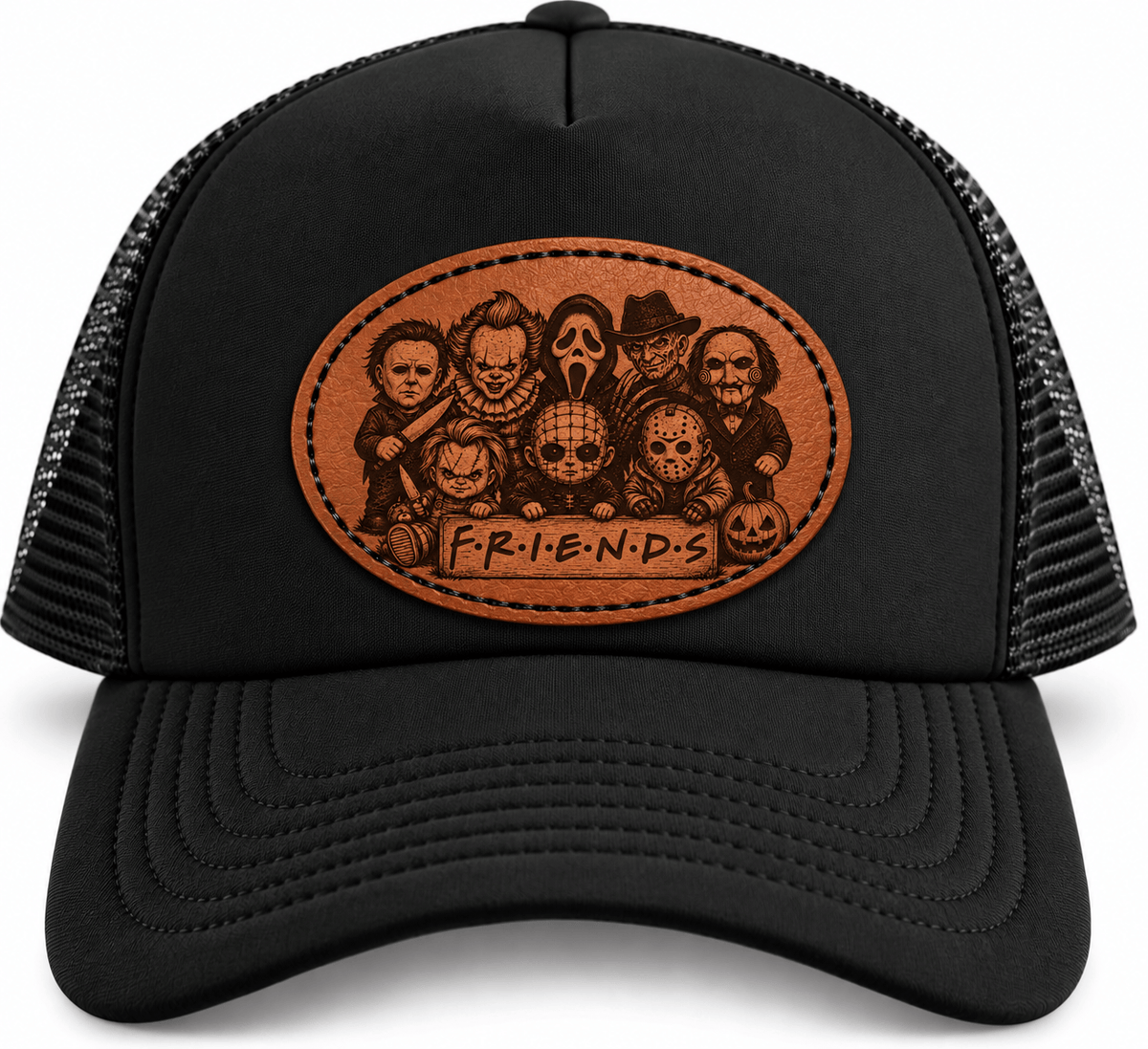 Kasket Cap med PU-læder lasergravering - lav din egen med skræmmende karakterer og "FRIENDS" design