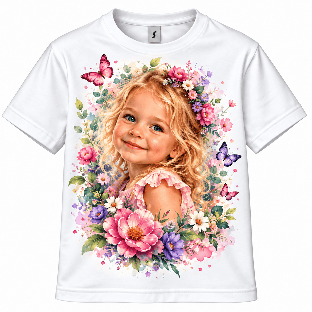 Personlig børne T shirt med eget foto og AI filter, blomster og sommerfugle designet til børn.