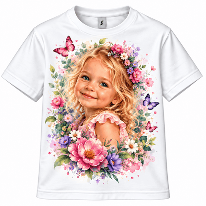 Personlig børne T shirt med eget foto og AI filter, blomster og sommerfugle designet til børn.