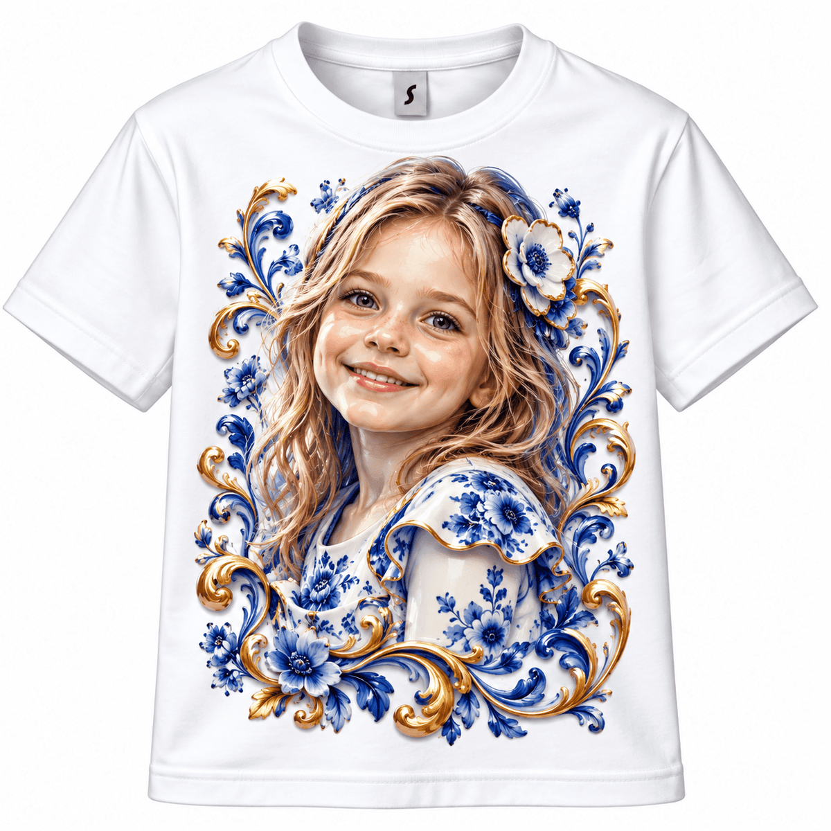 Personlig børne T shirt med eget foto og AI filter med blomsterdesign og et smilende barn.