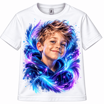 Personlig børne T shirt med eget foto og AI filter, billede af dreng iført farverig T-shirt.