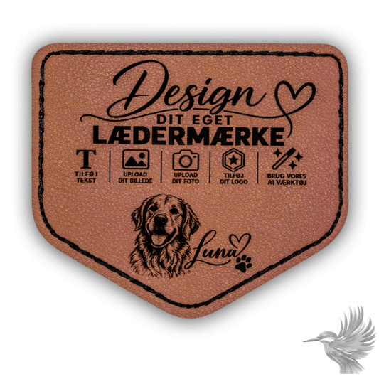 Personligt mærke i PU-læder emblem - lasergravering med hundeillustration og tilpasningsmuligheder.