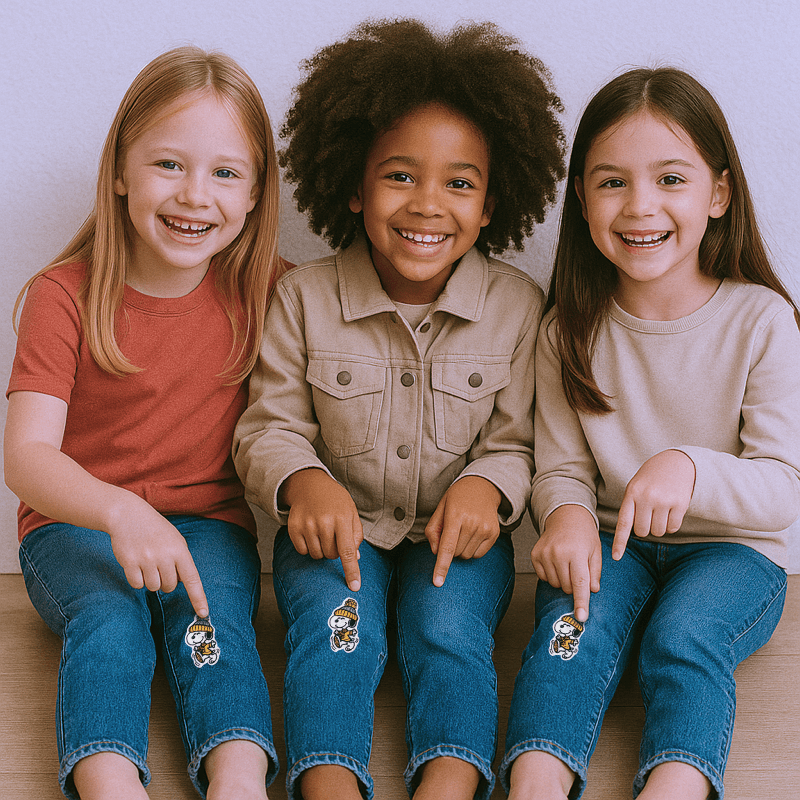 Tre glade børn viser deres Snoopy vinter patch strygemærke på bukserne med begejstring.