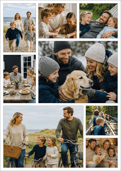 Personlig fotoplakat med 8 billeder i 3 størrelser med familie og hund i forskellige aktiviteter.