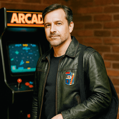 mand med Arcade strygemærke – broderet patch med retro spillemaskine