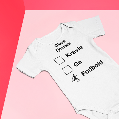 Personlig hvid babybody med navn og sjov tjekliste