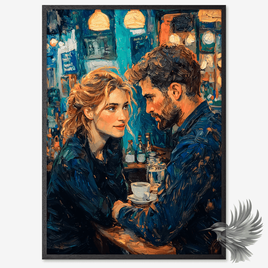 To personer på en café ser hinanden dybt i øjnene, lige i det øjeblik, de bliver forelsket. Et tidløst maleri, der udstråler romantik og intimitet.