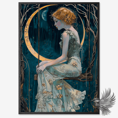 Art Nouveau-plakat med kvinde på gynge foran månen i et mørkeblåt landskab