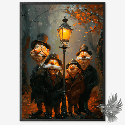 Humoristisk plakat med fire mænd samlet under en lysende gadelygte