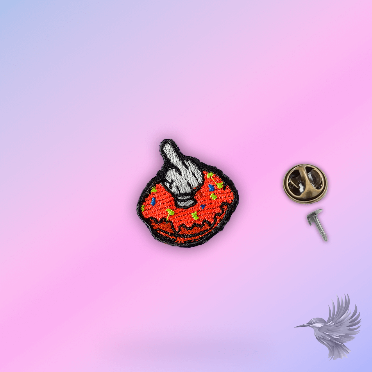 Donut pin featuring a colorful donut with a hand gesture, perfect for adding humor to clothing and caps.