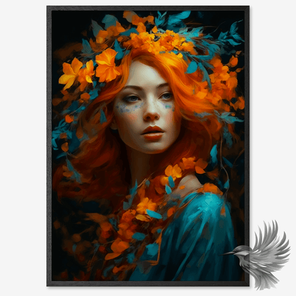 Farverig portrætplakat med rødhåret kvinde omgivet af orange og blå blomster
