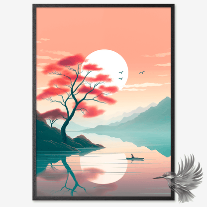 Japansk naturplakat med rosa træ, stor sol, sø og bjerge
