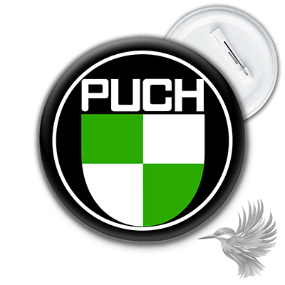 Puch badge med det ikoniske grønne og hvide logo til knallertkultur