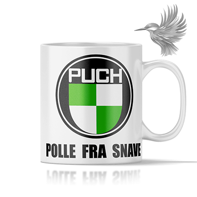 Puch krus med personlig tekst og det ikoniske grønne Puch-logo